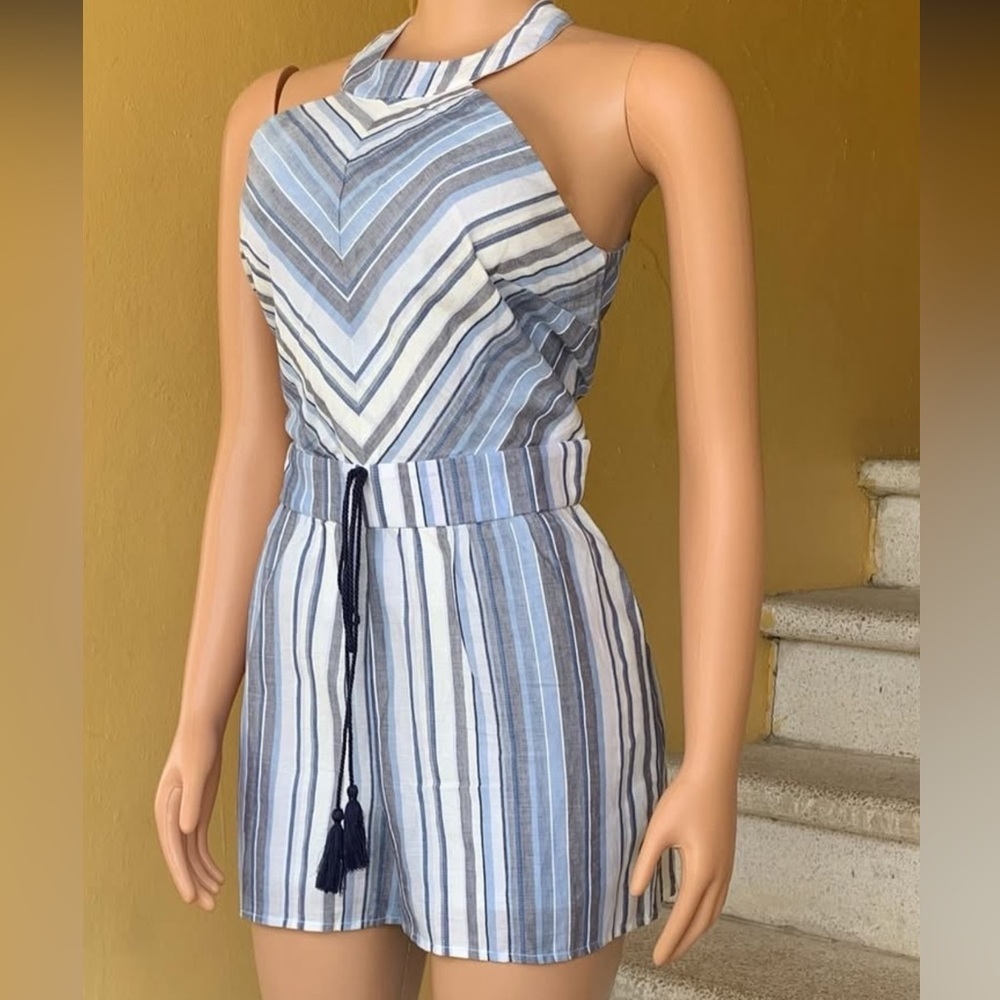 Crystal Sky Halter Romper in Navy and White - Picture 2 of 14